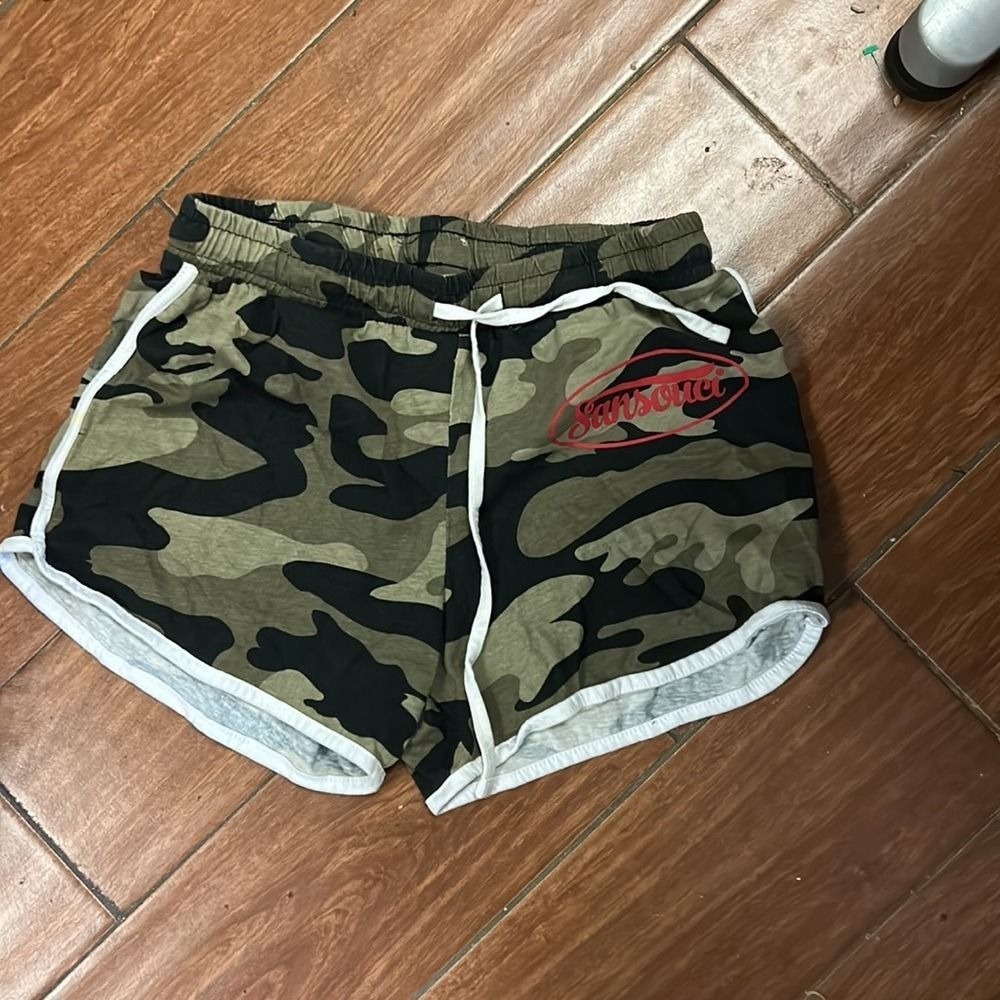 Sans Souci Camo Dolphin Shorts Green Camouflage Athletic Drawstring Medium